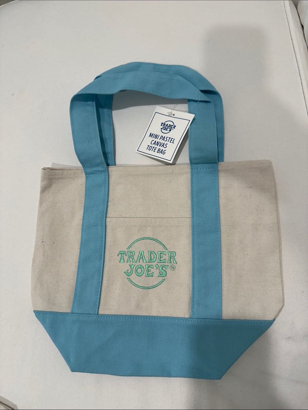 NWT Trader Joe's Mini Pastel Canvas Tote Bag - Cream & Light Blue